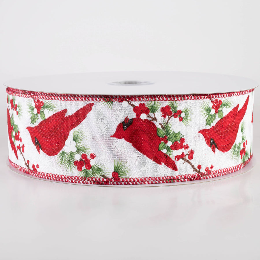 2.5" Linen Big Cardinal on Holly Ribbon: White (50 Yards)