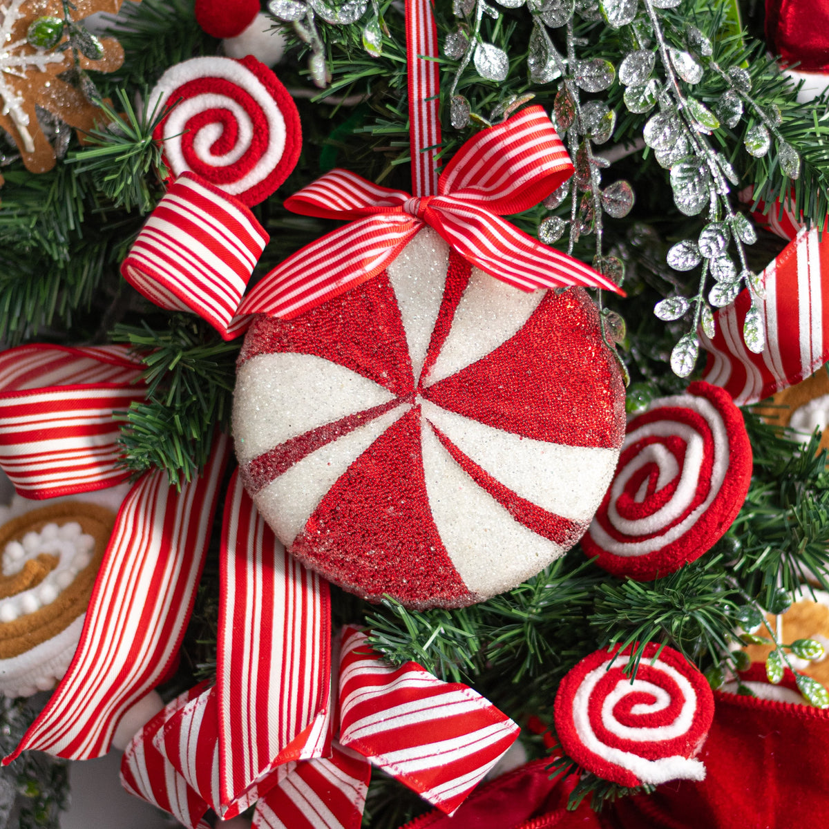 5.5" Iced Peppermint Ornament: Red & White Lifestyle Photo