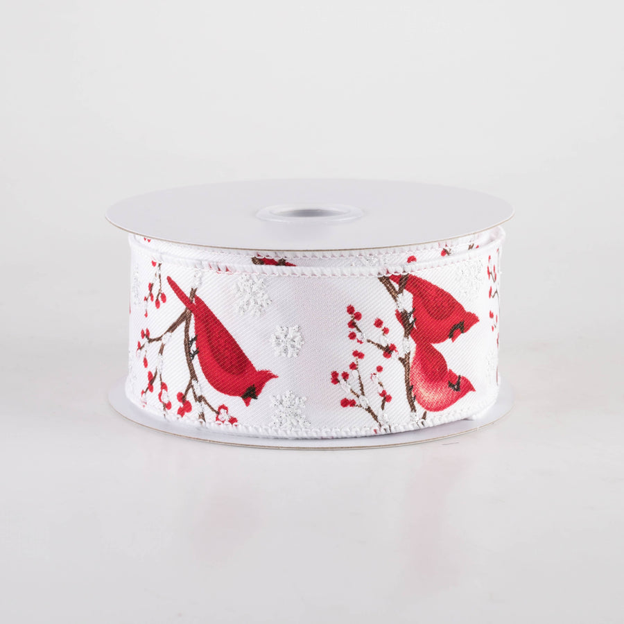 1.5" Cardinals, Snowflakes & Berries Ribbon: White (10 Yards)