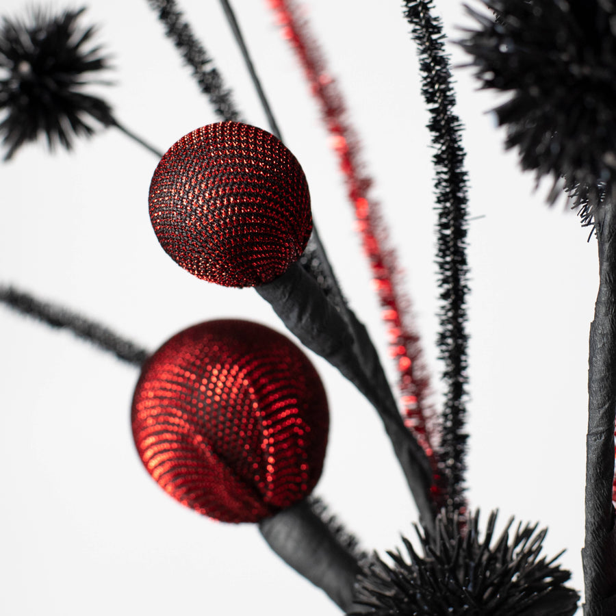 27" Metallic Fabric Ball & Thistle Spray: Red & Black