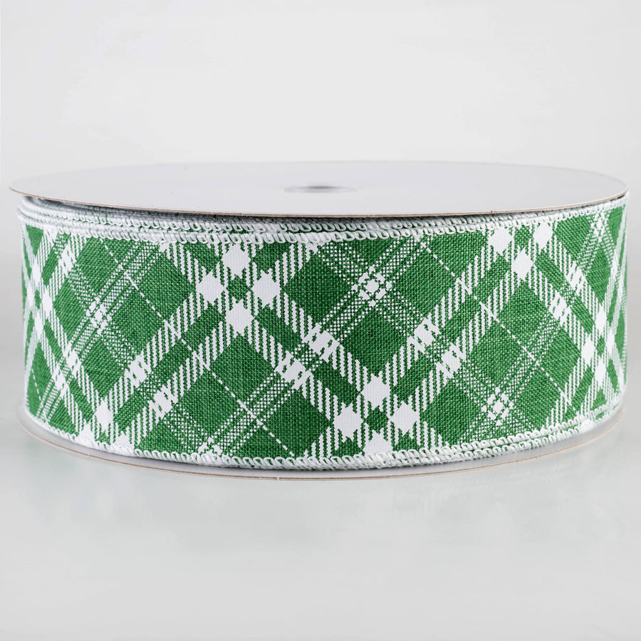 2.5" Linen Hazel Diagonal Plaid Ribbon: Green (50 Yards)
