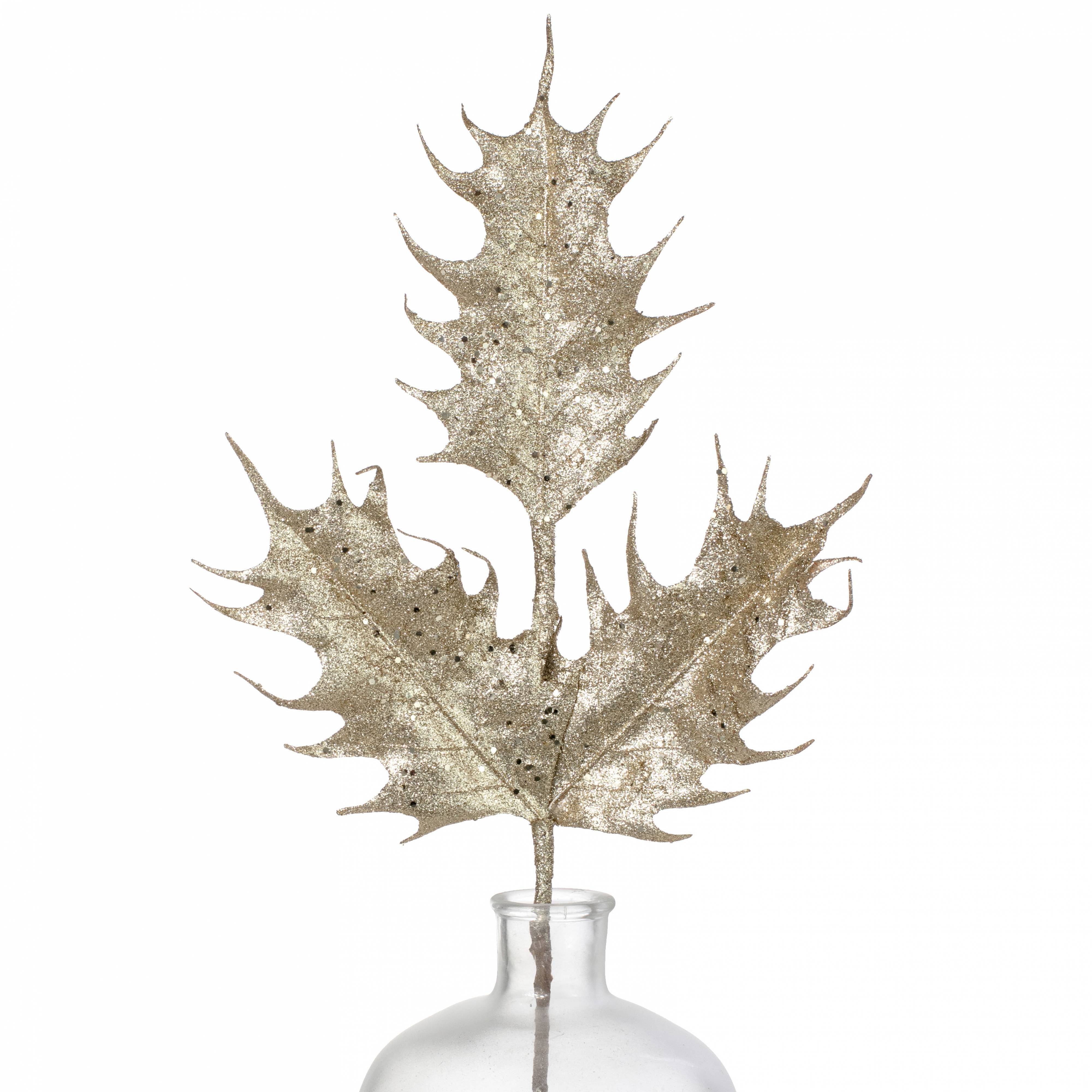 29" Oversized Metallic Holly Leaves Spray: Champagne Gold