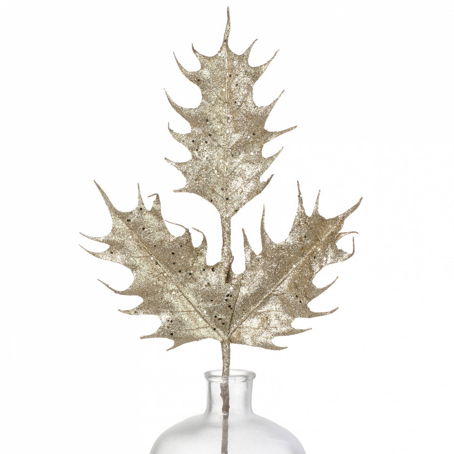 29" Oversized Metallic Holly Leaves Spray: Champagne Gold