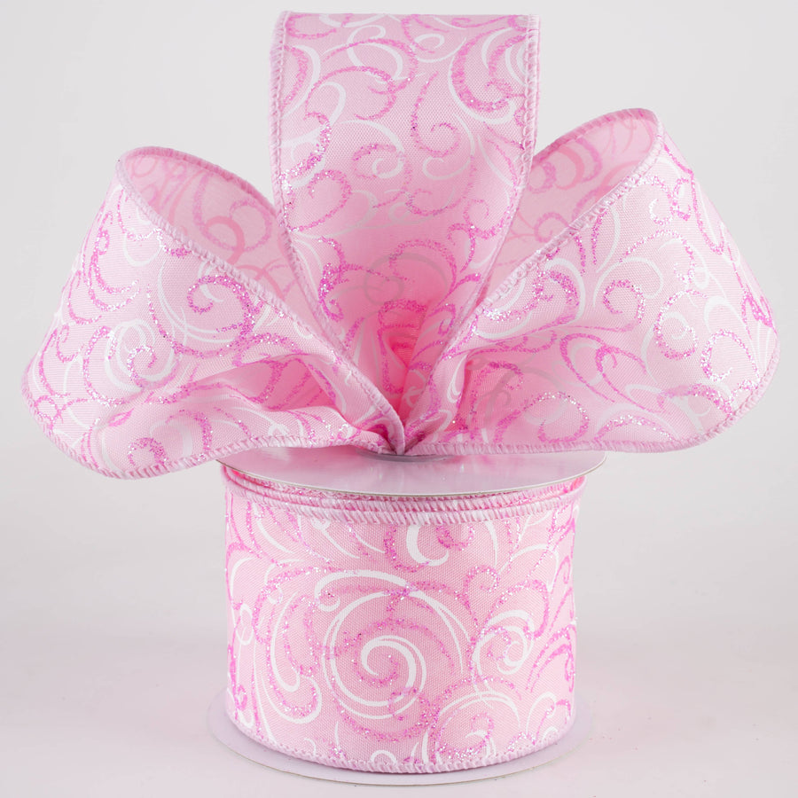 2.5" Glittered Multi Swirls Ribbon: Iridescent Pink & White on Pink (10 Yards)