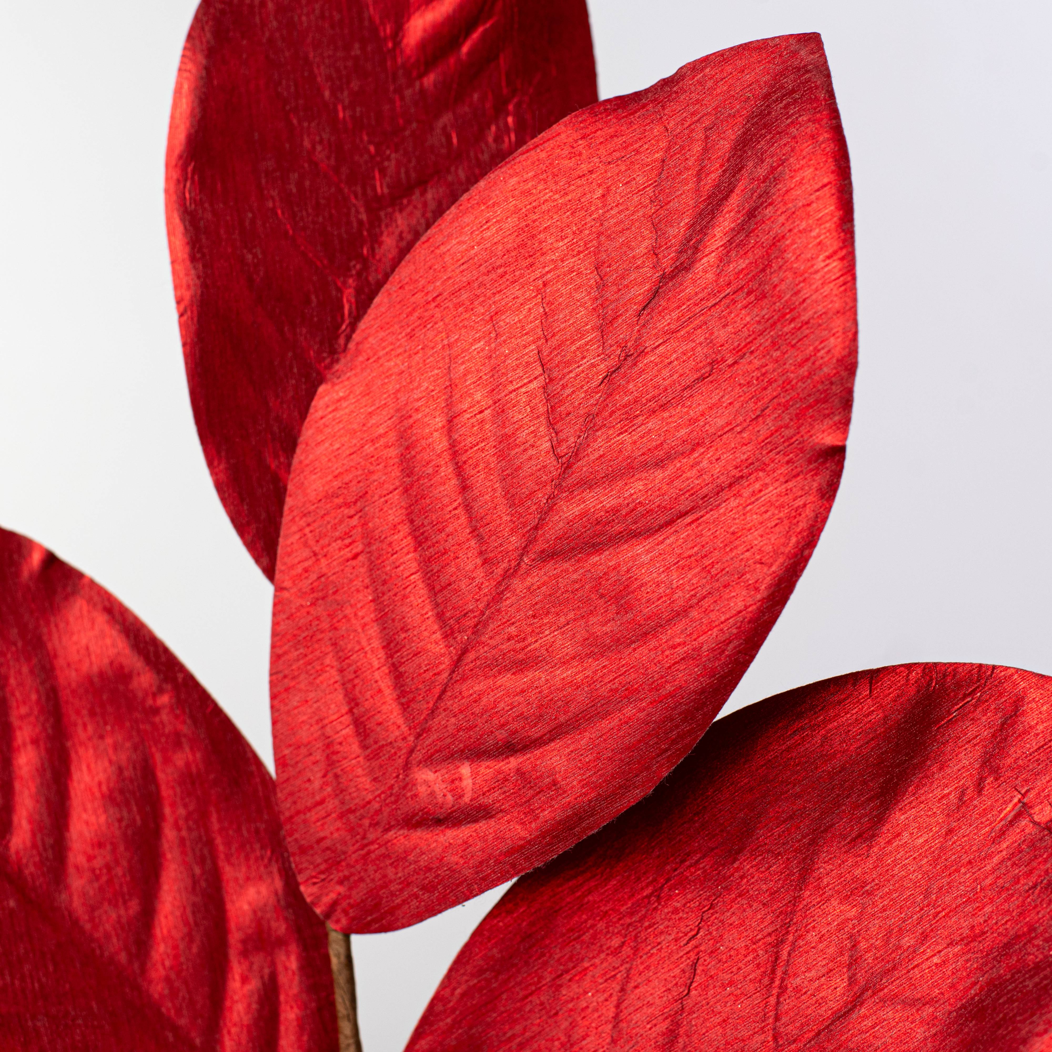 37" Metallic Fabric Magnolia Leaves Spray: Red