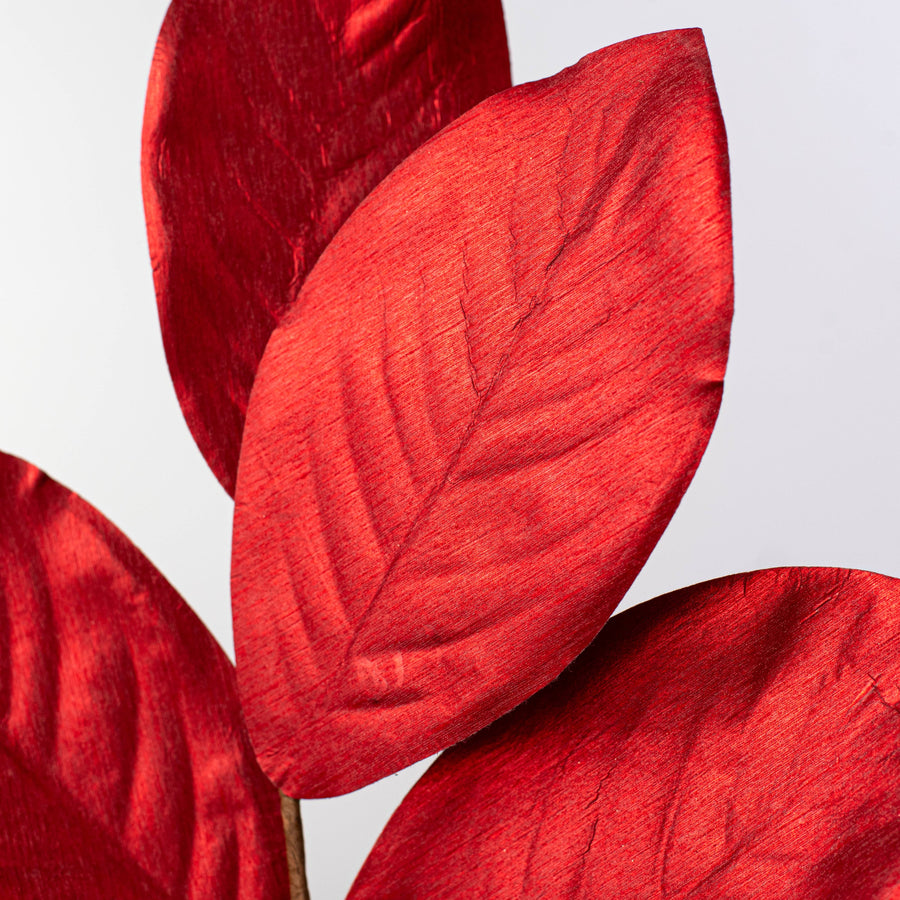 37" Metallic Fabric Magnolia Leaves Spray: Red