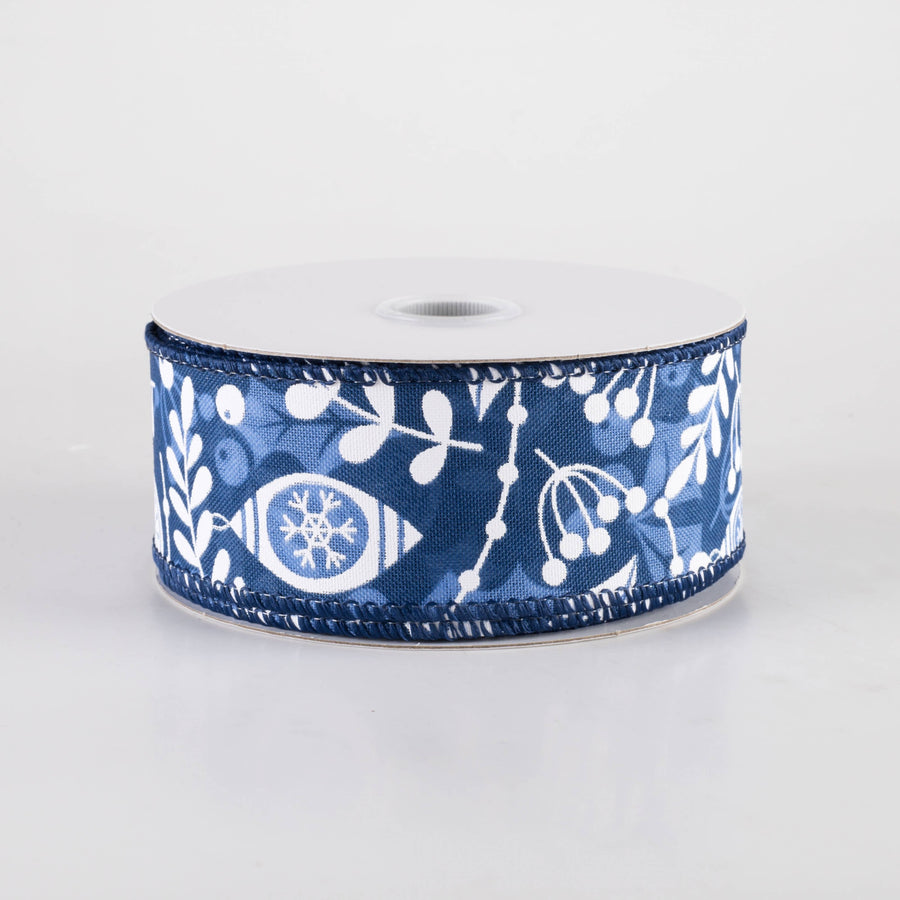 1.5" Overlay Leaves Ornaments Ribbon: Navy, Blue & White (10 Yards)