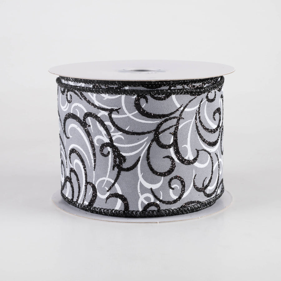 2.5" Glittered Multi Swirls Ribbon: Black & White on Grey (10 Yards)
