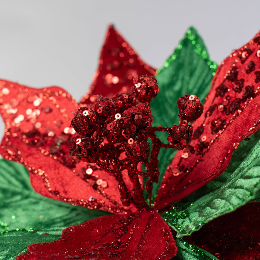 14" x 26" Velvet Sequin Poinsettia Stem: Red & Emerald Green