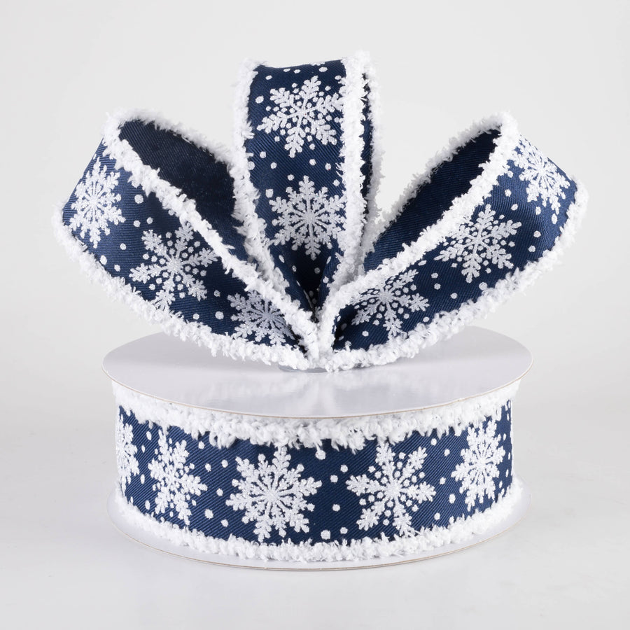 1.5" Snowflakes on Drift Fuzzy Edge Ribbon: Navy Blue (10 Yards)