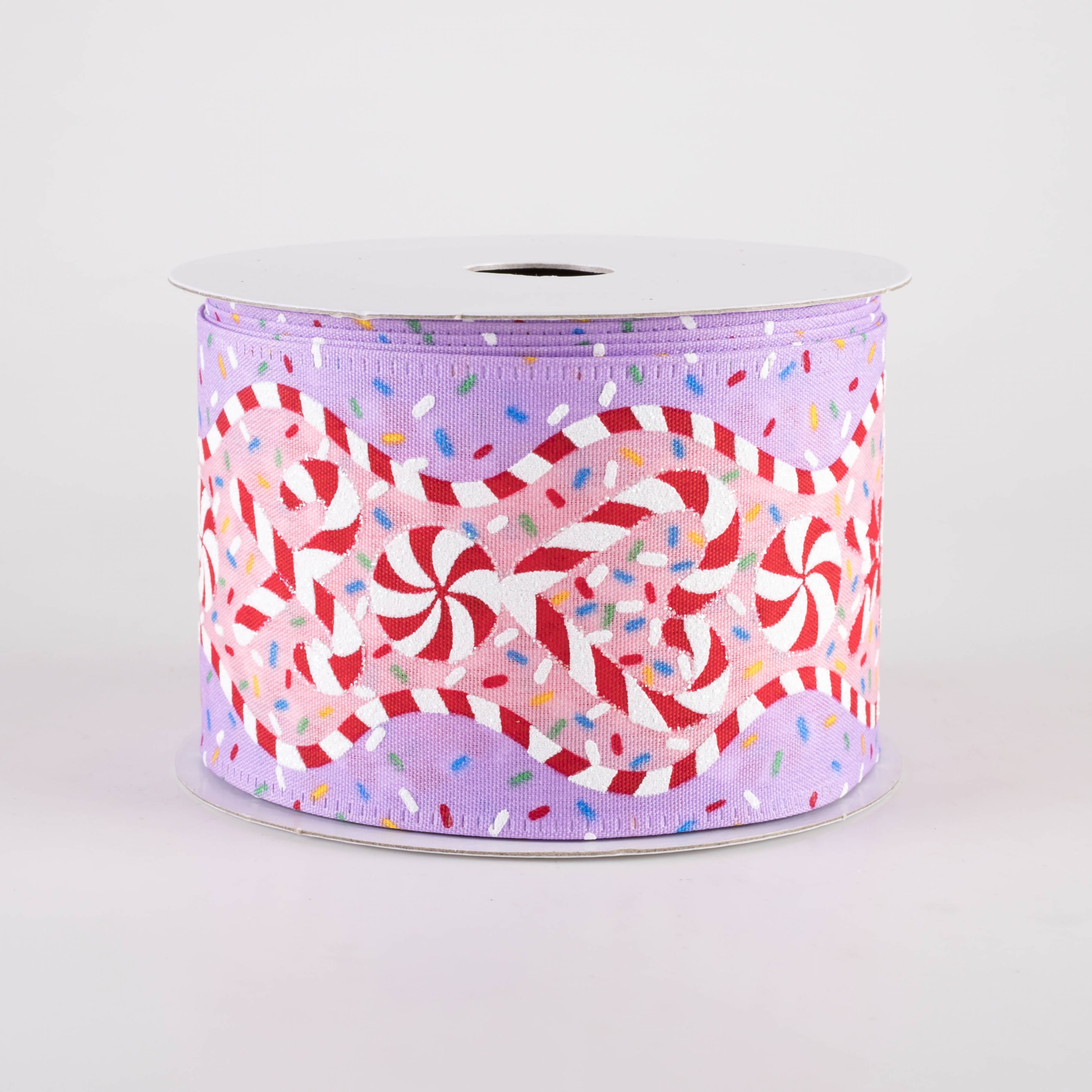 2.5" Sprinkles & Candy Canes Wavy Edge Ribbon: Lavender & Pink (10 Yards)