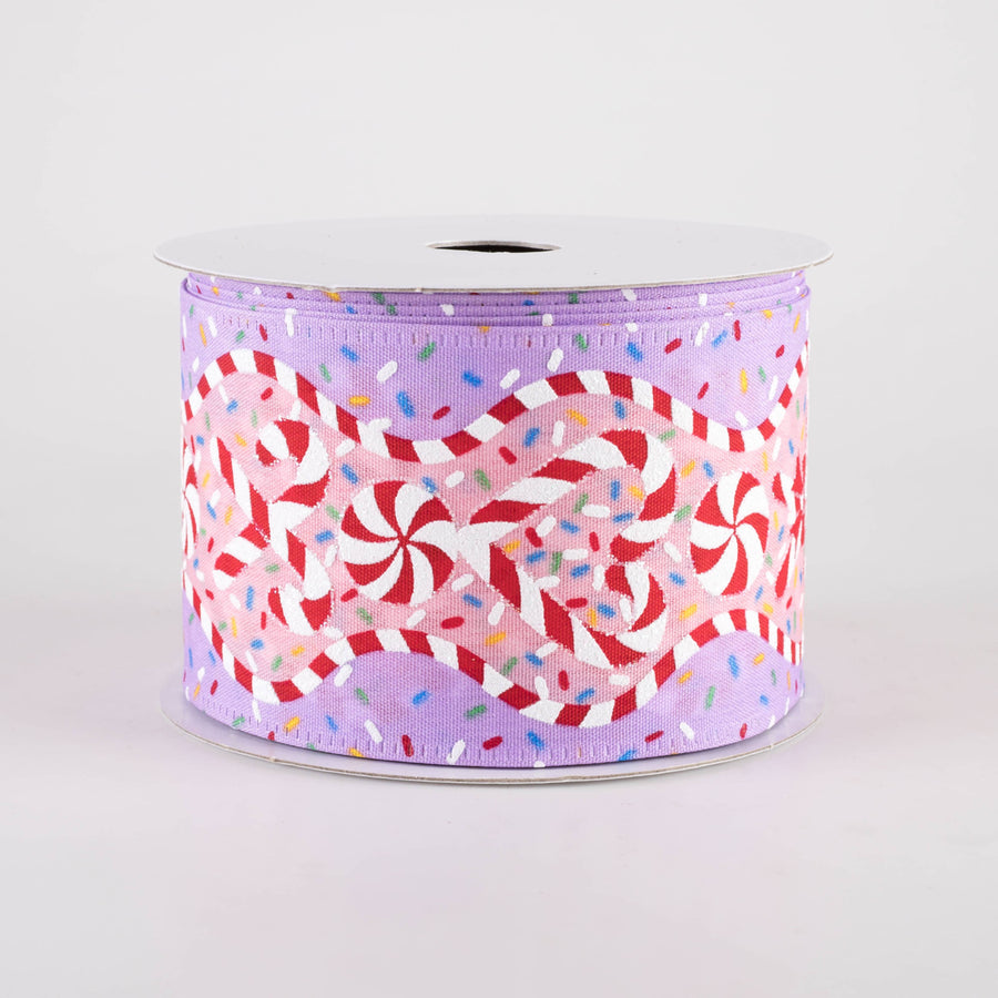2.5" Sprinkles & Candy Canes Wavy Edge Ribbon: Lavender & Pink (10 Yards)