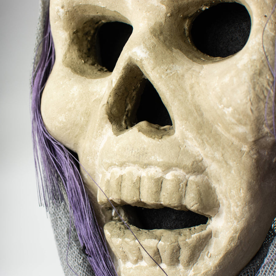 20" x 6" Styrofoam & Burlap Witch Skull: Grey & Purple