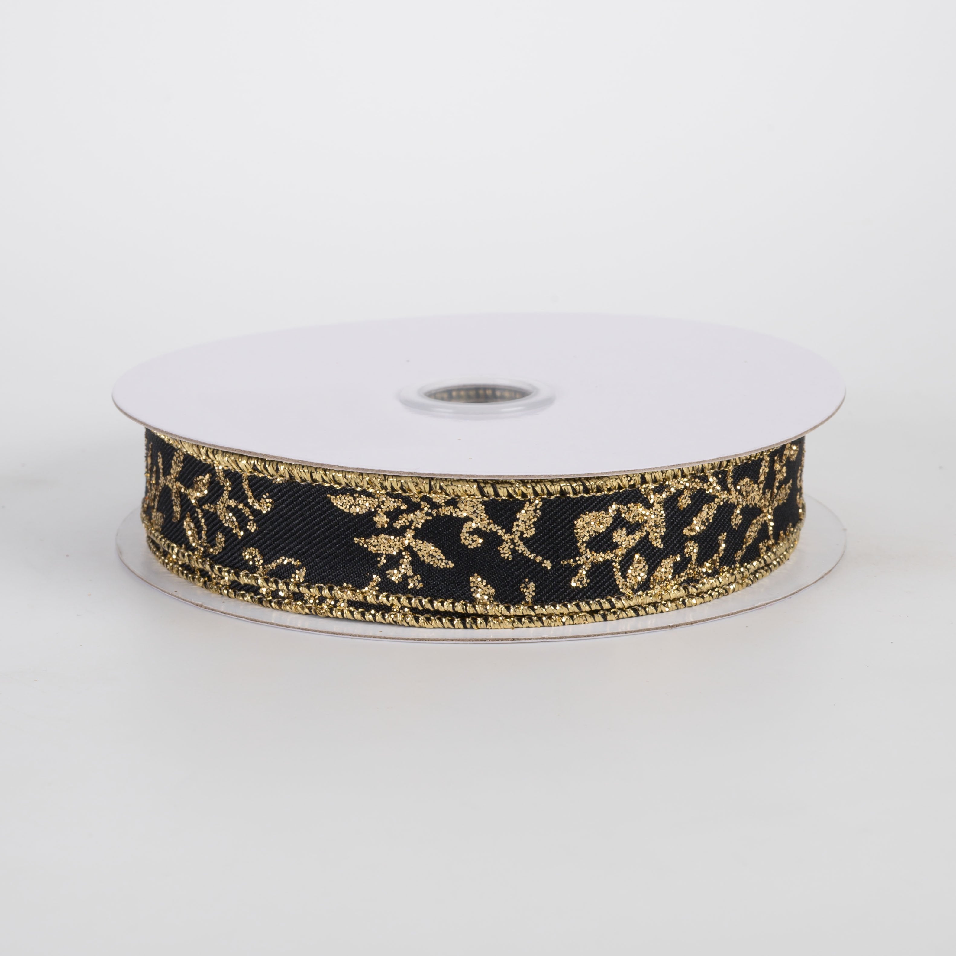 5/8" Glitter Mini Leaf Vines Ribbon: Black & Gold (10 Yards) Item Number: RGF139386