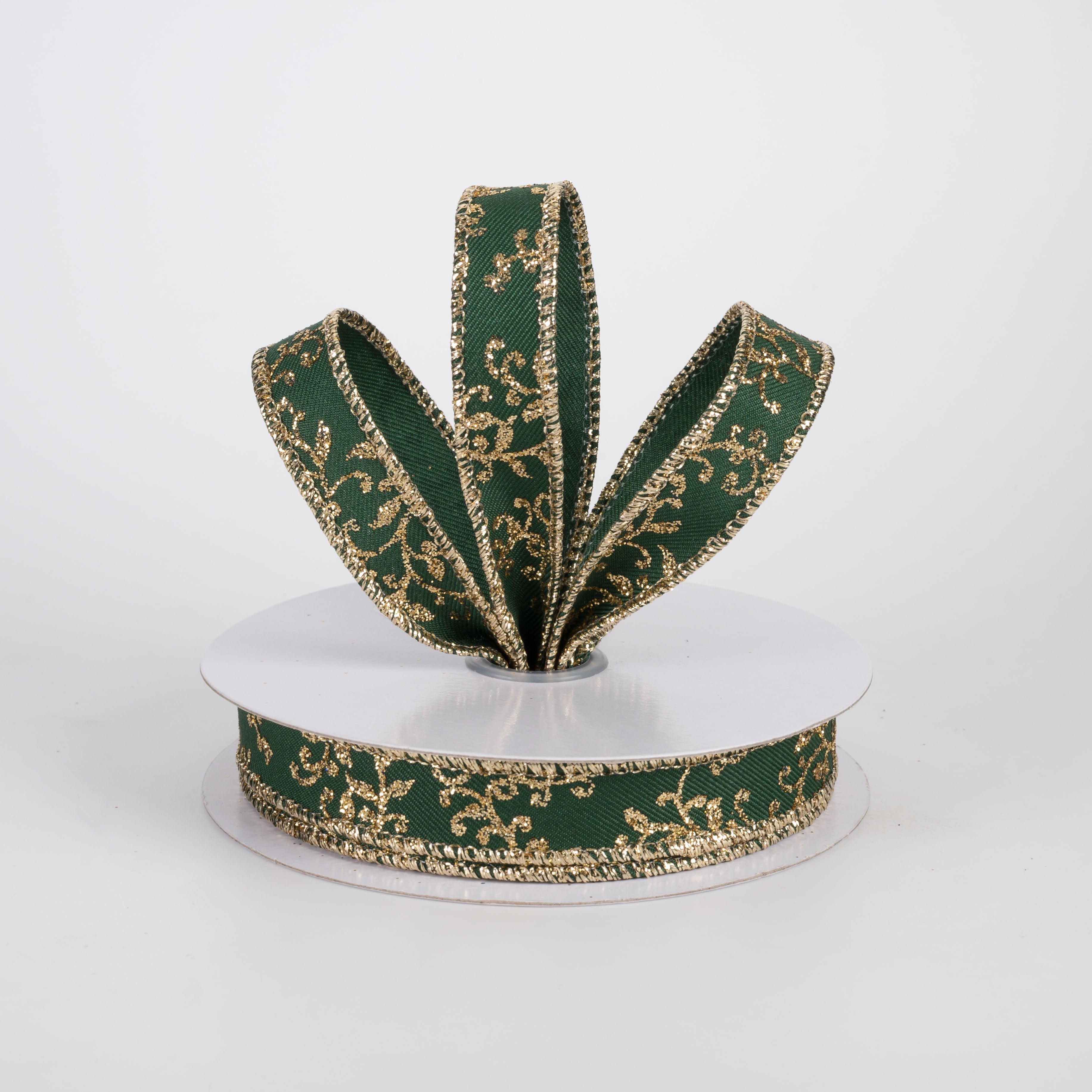 5/8" Glitter Mini Leaf Vines Ribbon: Hunter Green & Gold (10 Yards) Lifestyle Photo