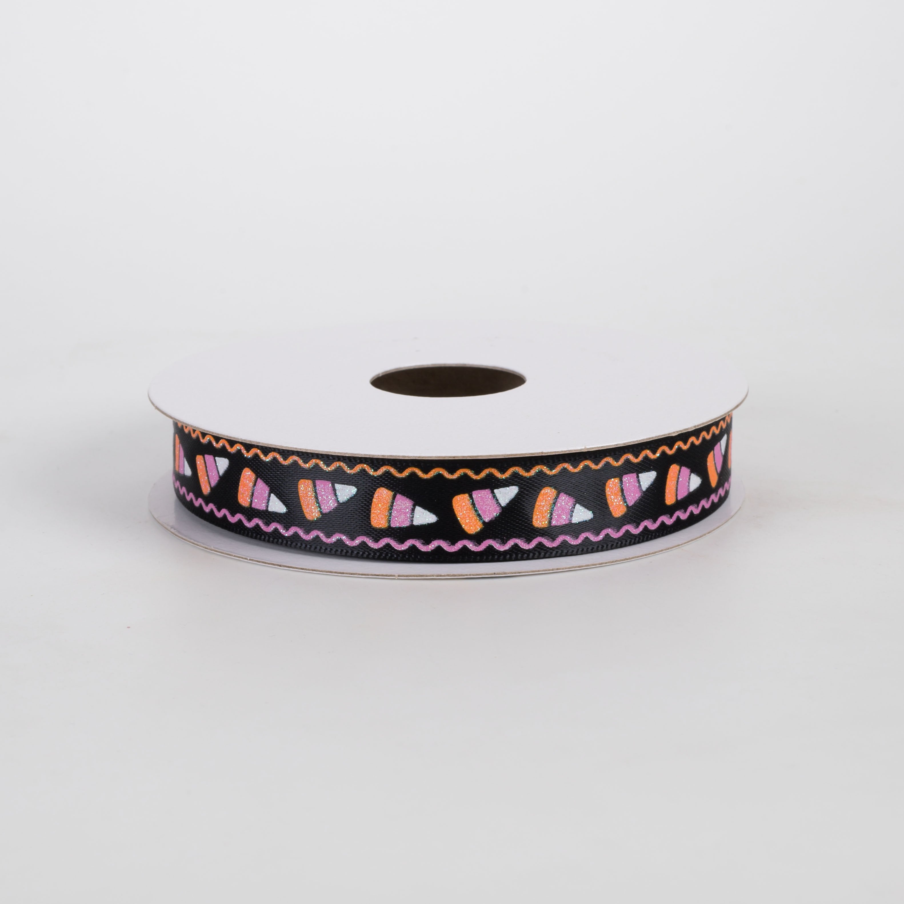5/8" Unwired Candy Corn Ribbon: Fuchsia Pink on Black (10 Yards) Item Number: 57621-03-44