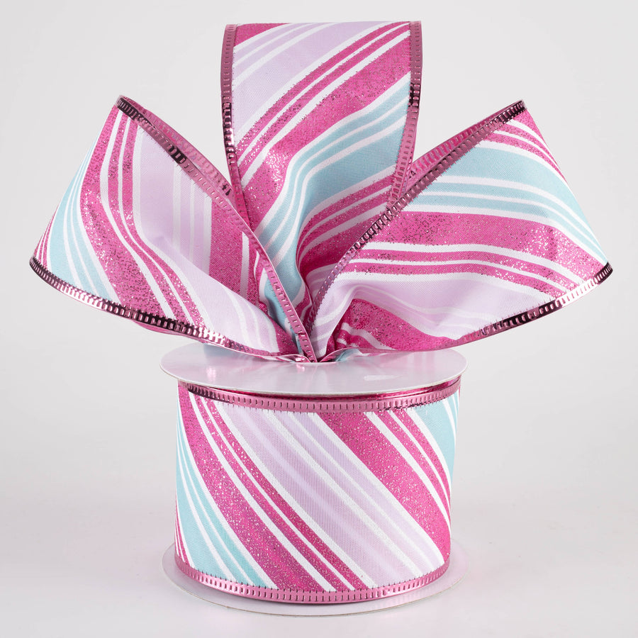 2.5" Glitter Candy Cane Stripe Ribbon: Lavender, Pink & Blue (10 Yards)
