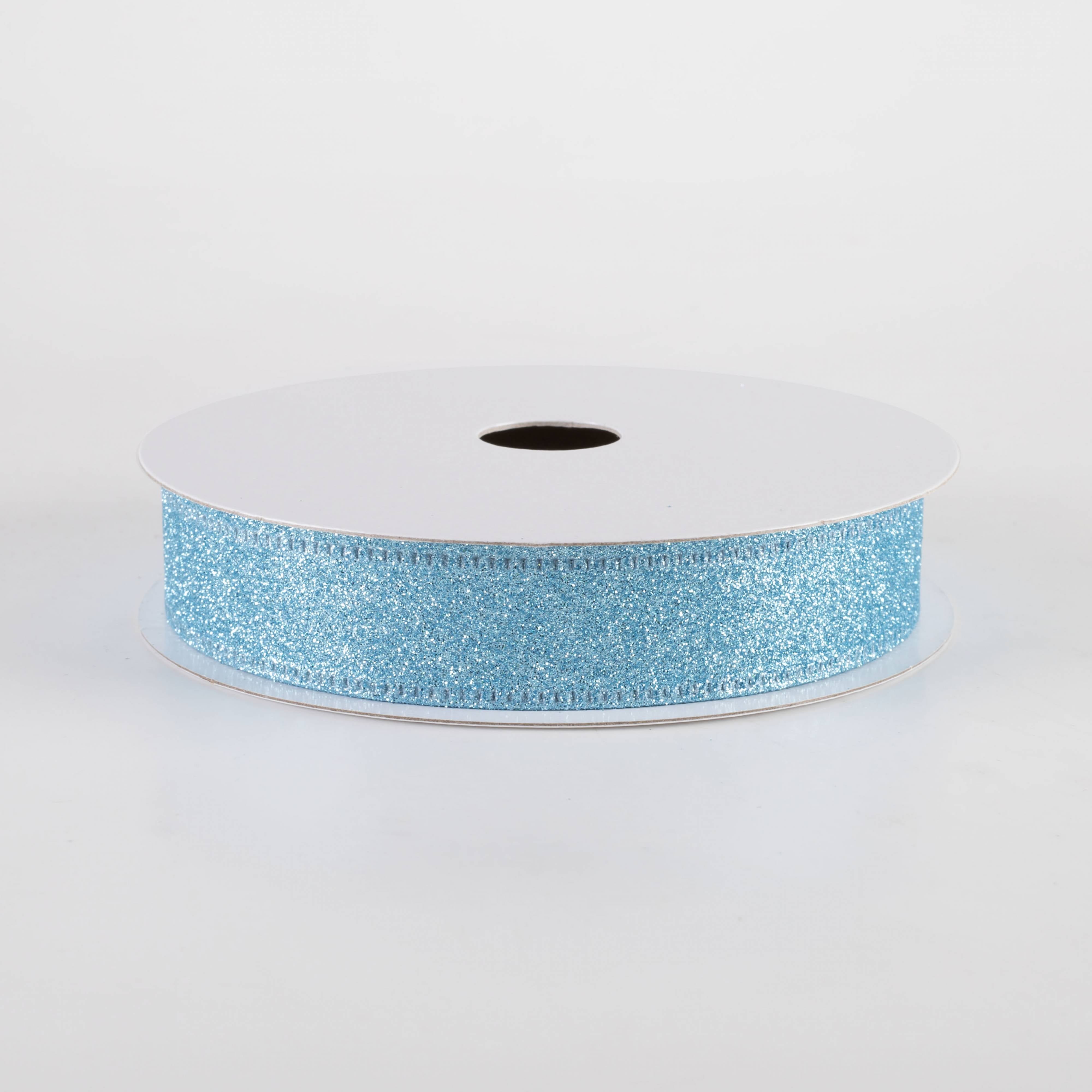 7/8" All Flat Glitter Wired Ribbon: Light Blue (10 Yards)