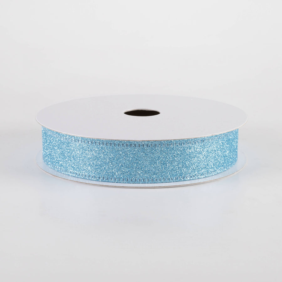 7/8" All Flat Glitter Wired Ribbon: Light Blue (10 Yards)