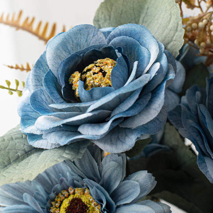 18" Camelia & Gerbera Daisy Bush: Variegated Blue