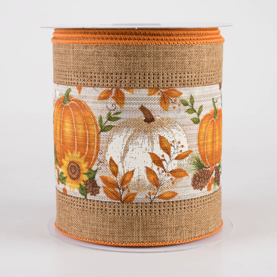 4" Linen Edge Pumpkins & Sunflowers Ribbon: Natural (10 Yards)