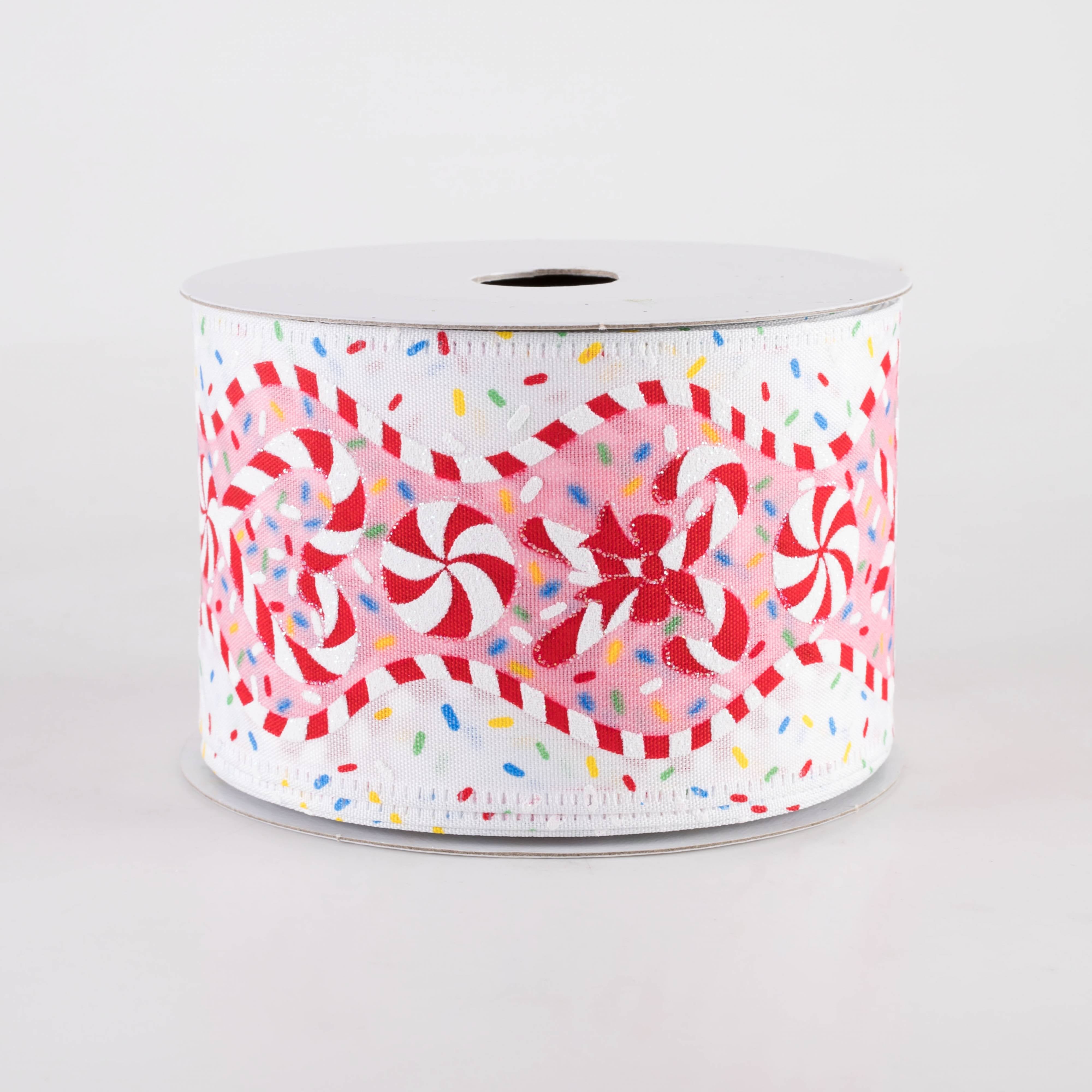 2.5" Sprinkles & Candy Canes Wavy Edge Ribbon: White & Pink (10 Yards)