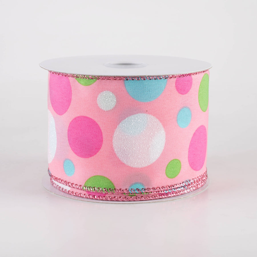 2.5" Varied Polka Dots Ribbon: Fuchsia, Lime, Blue & White on Pink (10 Yards)