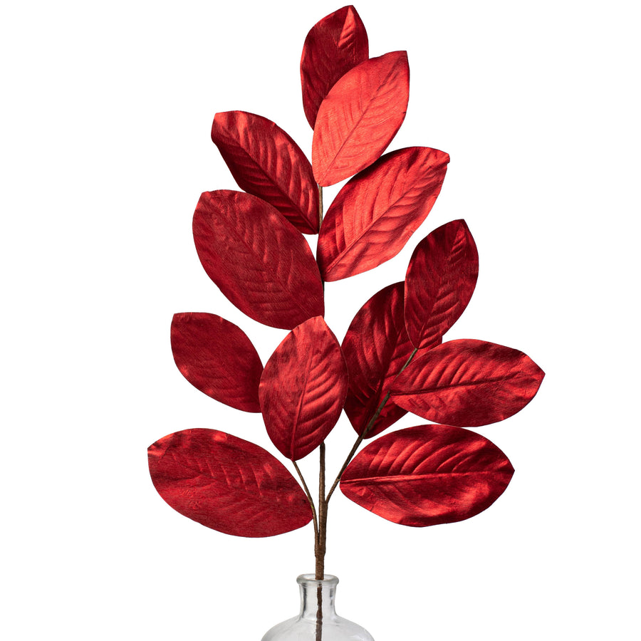 37" Metallic Fabric Magnolia Leaves Spray: Red