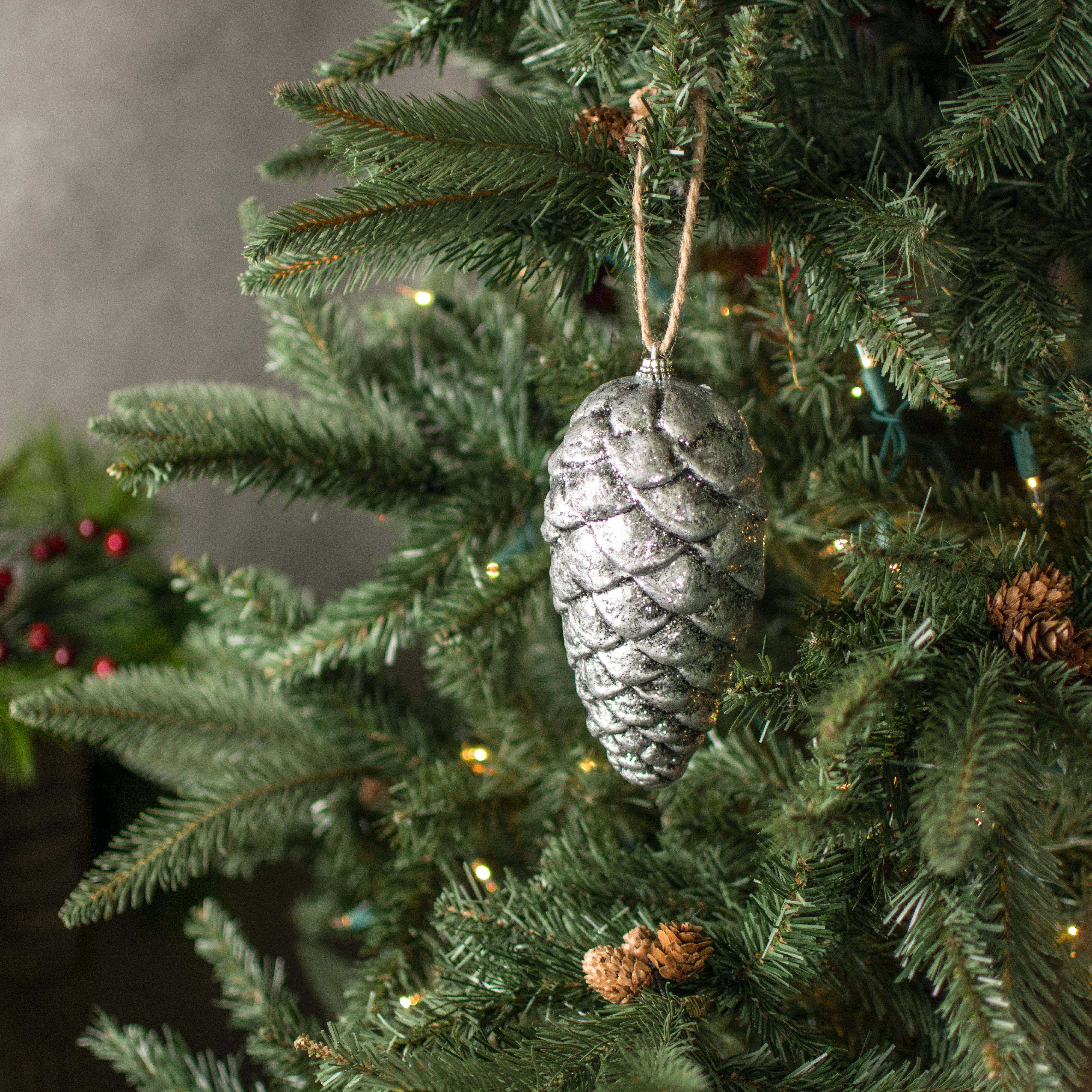 6.5" Rustic Lightweight Ornament: Silver Pinecone Lifestyle Photo
