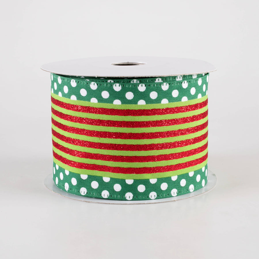 2.5" Cabana Stripe Dot Edge Ribbon: Lime, Red, Emerald (10 Yards)