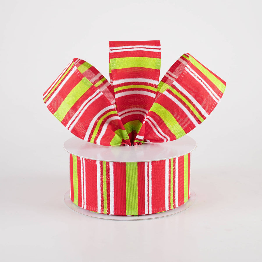 1.5" Glittered Candy Stripes Ribbon: Red, Lime & White (10 Yards)