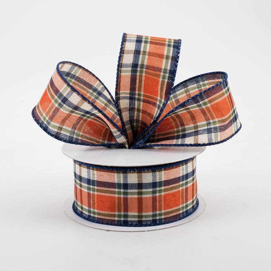 1.5" Scarecrow Plaid Ribbon: Orange, Moss, Navy (10 Yards)