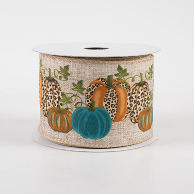 2.5" Cheetah Pumpkin Natural Ribbon: Teal (10 Yards)