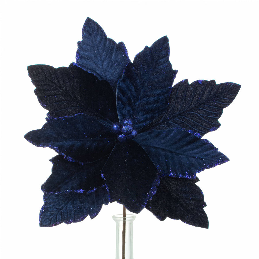14" x 16" Velvet Poinsettia Stem: Navy Blue