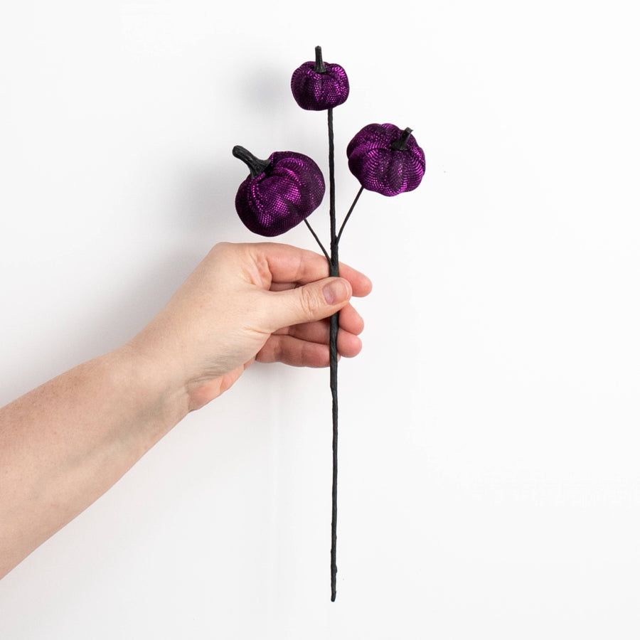 13" Metallic Fabric Pumpkins Pick: Purple & Black