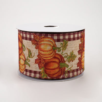 2.5" Gingham Edge Pumpkins Ribbon: Burgundy on Natural (10 Yards)