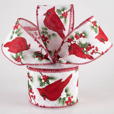 2.5" Linen Cardinal Pine & Berries Ribbon: White (10 Yards)