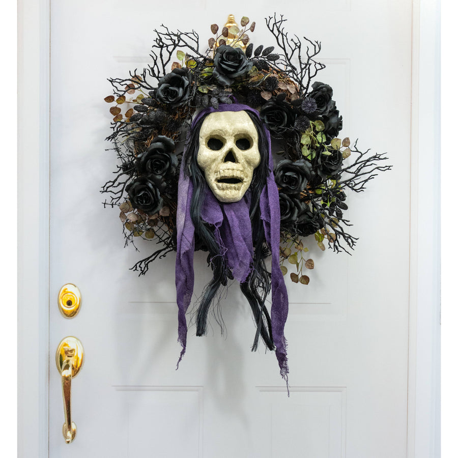24" x 8" Styrofoam & Burlap Witch Skull: Black & Purple