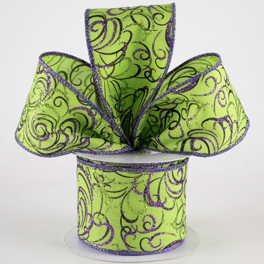2.5" Glittered Multi Swirls Ribbon: Black & Purple on Lime Green (10 Yards)
