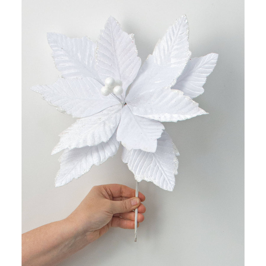 14" x 16" Velvet Poinsettia Stem: White