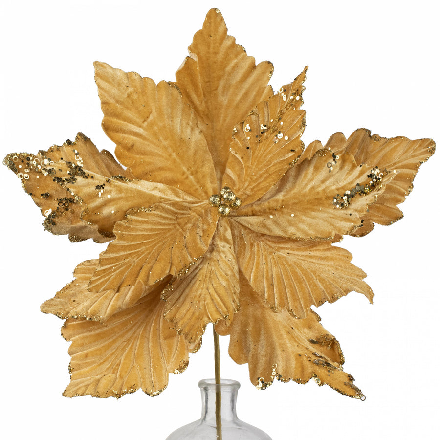 19" x 25" Jumbo Deluxe Velvet Poinsettia Stem: Antique Gold