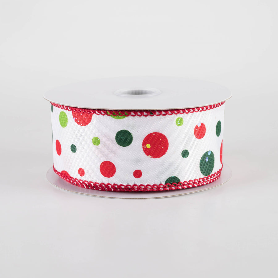 1.5" Thick Textured Satin Iridescent Glitter Dots Ribbon: Red & Green on White (10 Yards)