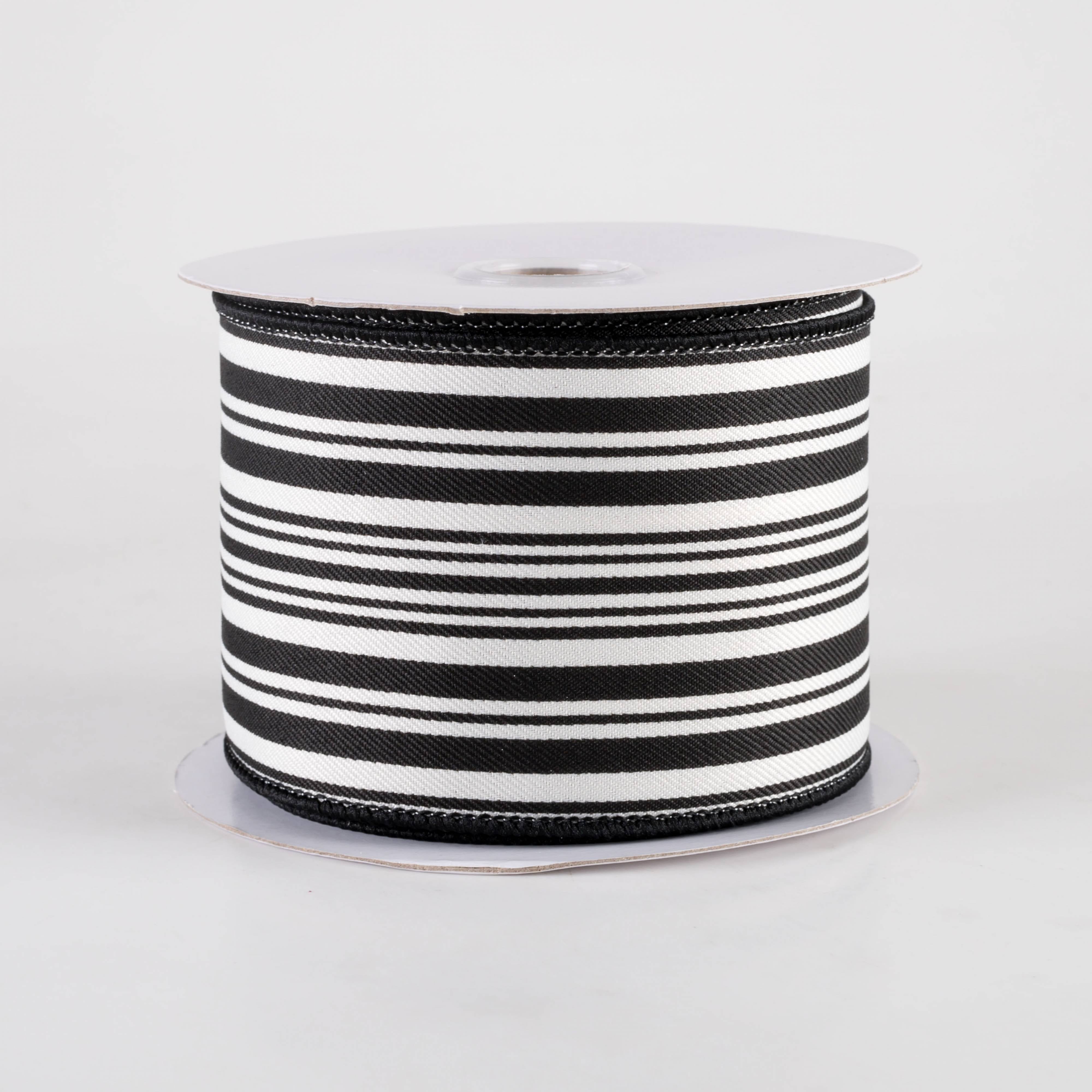 2.5" Linen Varied Vertical Stripes Ribbon: Black & Ivory (10 Yards)