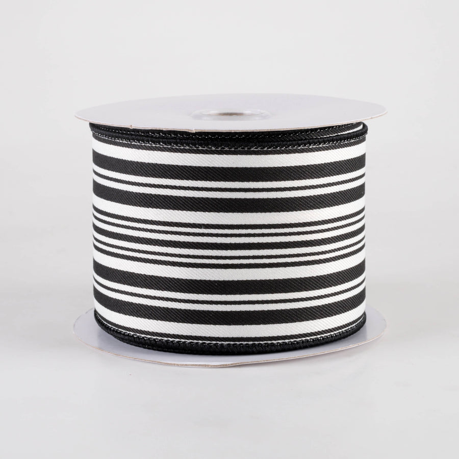 2.5" Linen Varied Vertical Stripes Ribbon: Black & Ivory (10 Yards)