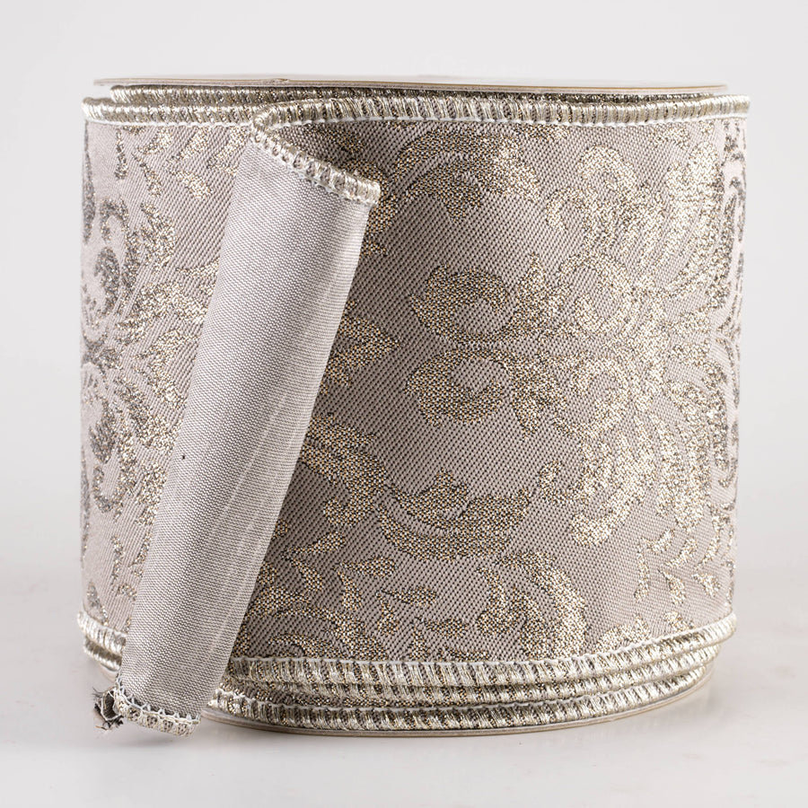 4" Designer Metallic Brocade Leaf Ribbon: Platinum (10 Yards)