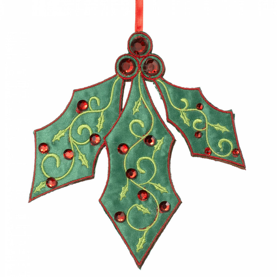 6" Jeweled Embroidered Holly Ornament