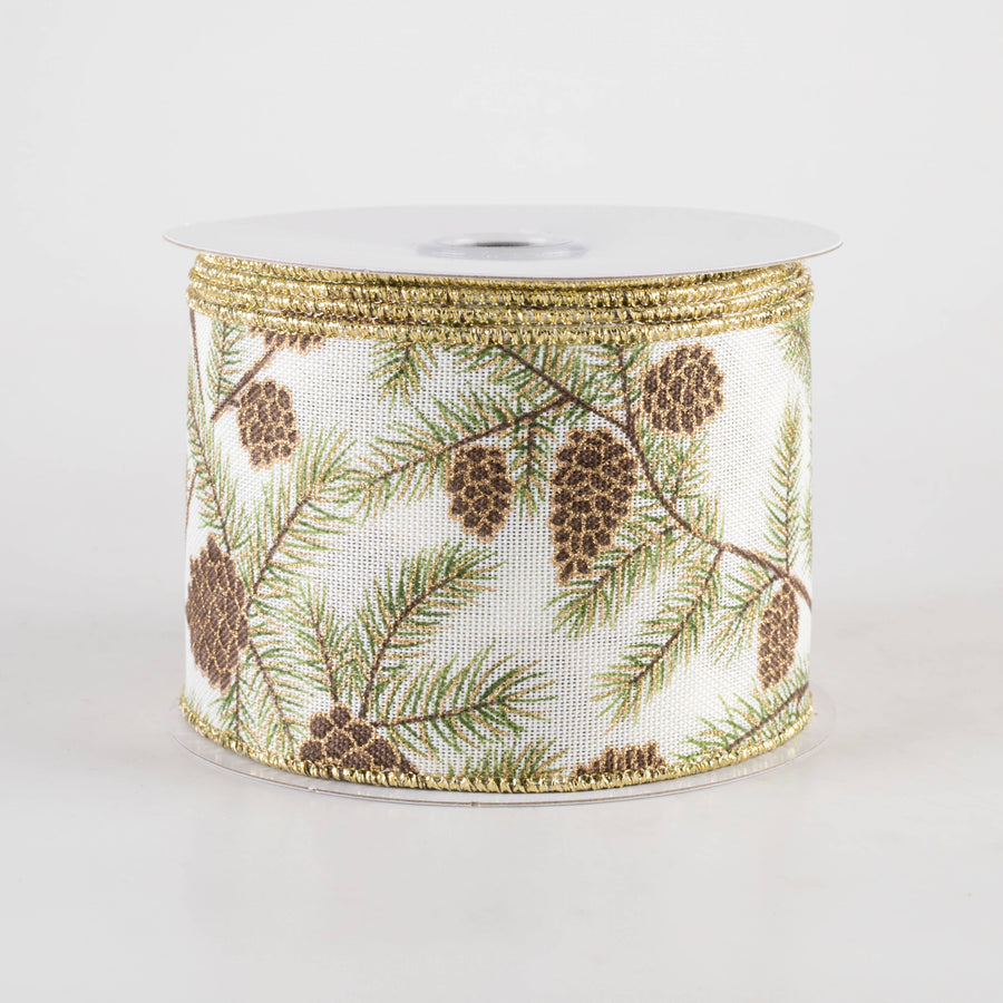 2.5" Pinecones & Branches Ribbon: Ivory (10 Yards)