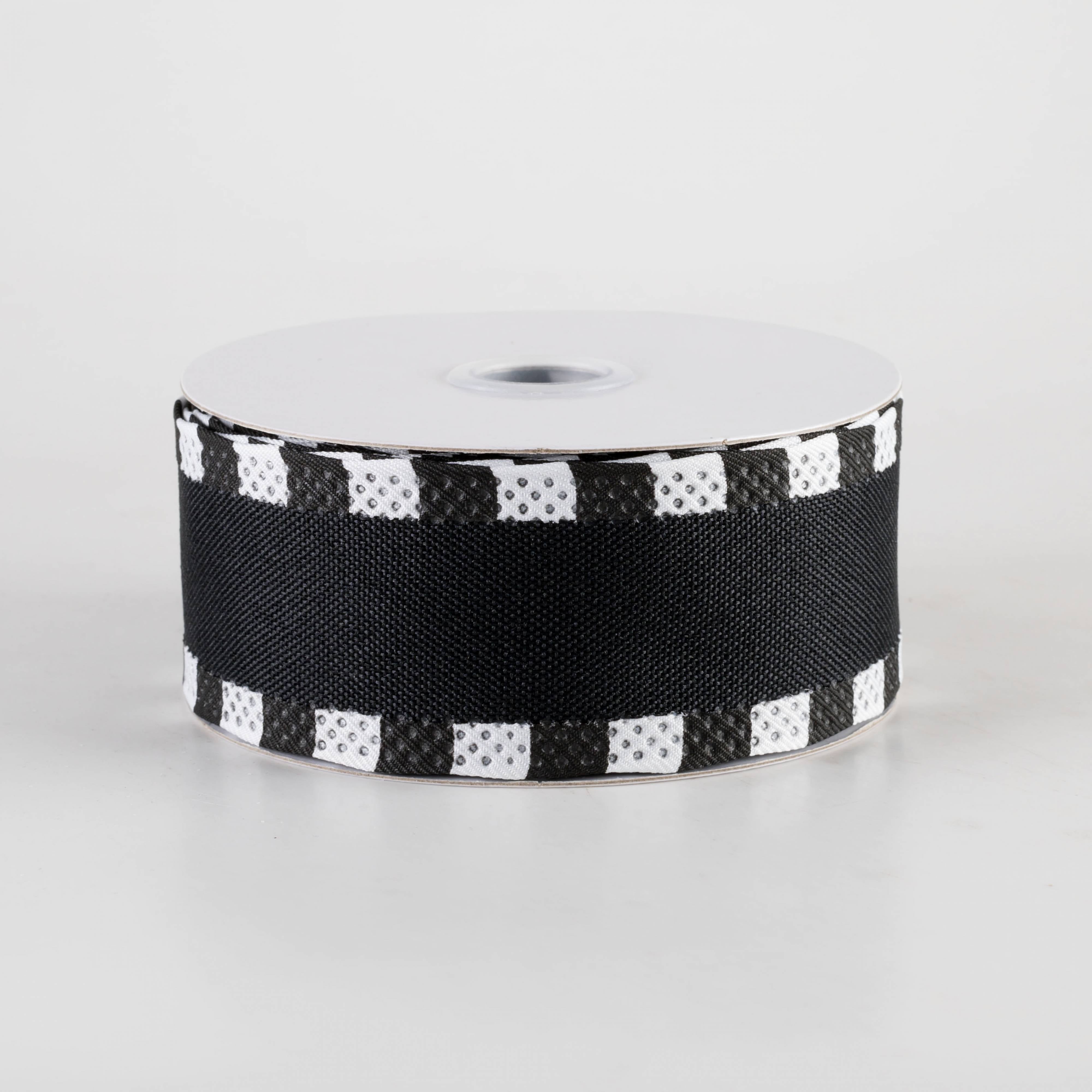 1.5" Royal Canvas Dash Edge Ribbon: Black & White (10 Yards)