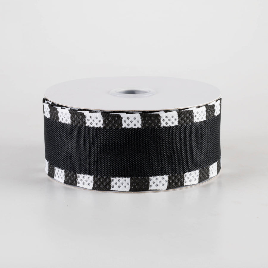 1.5" Royal Canvas Dash Edge Ribbon: Black & White (10 Yards)