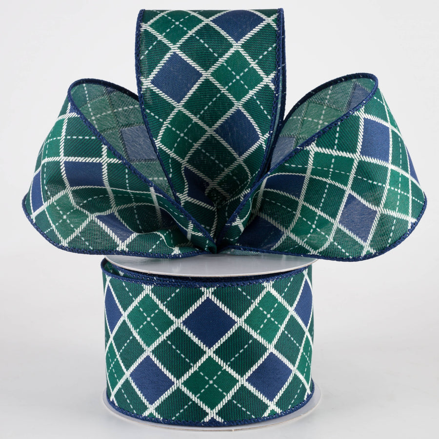 2.5" Diagonal Bonnie Check Ribbon: Navy, Green & White (10 Yards)